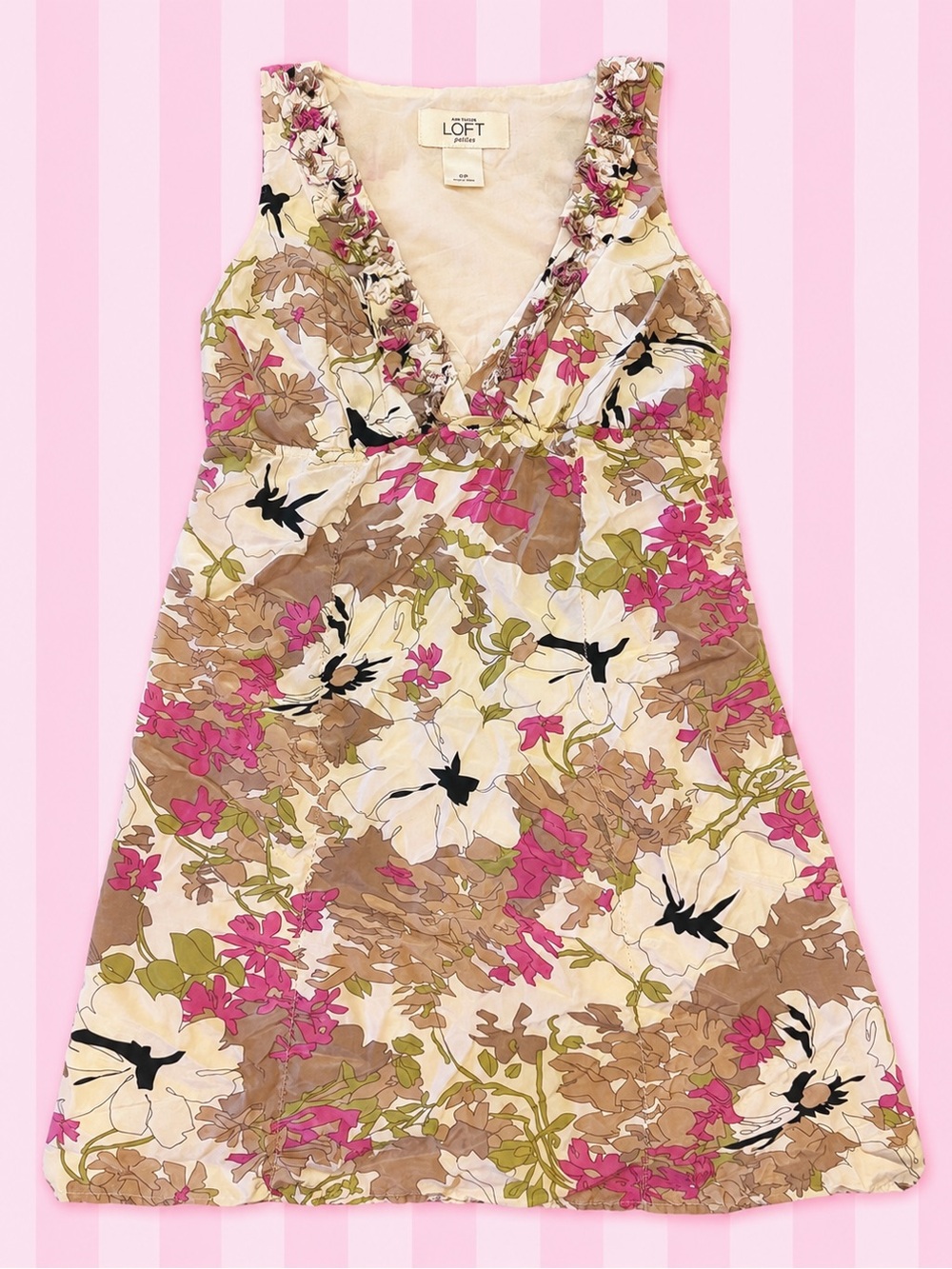 Ann Taylor LOFT Petites Floral Ruffle V Neck Dress Y2K Cottagecore 6P